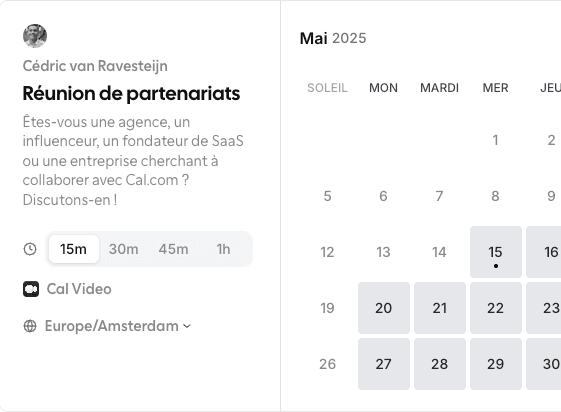 Exemple d’interface de réservation en ligne : séance photo, durées et calendrier.