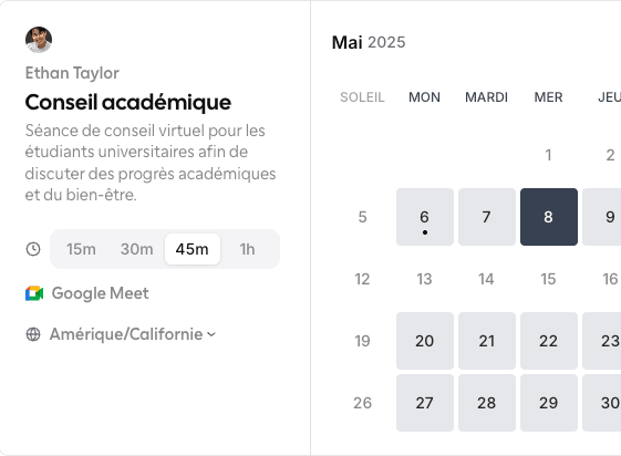 Exemple d’interface de réservation : disponibilités et réunion en visioconférence.
