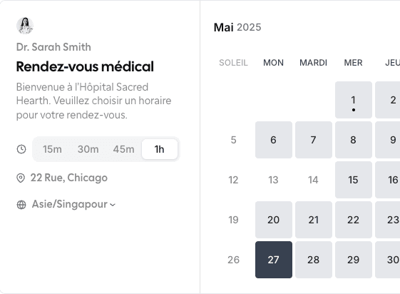 Exemple d’interface de réservation : rendez-vous partenaire avec calendrier.