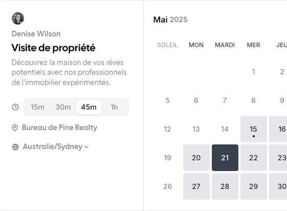 Exemple d’interface de réservation : conseil et lien visio depuis le navigateur.